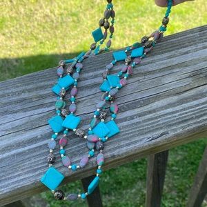 Turquoise beaded long 3 strand necklace Canyon Sky genuine stone brass tone NWT